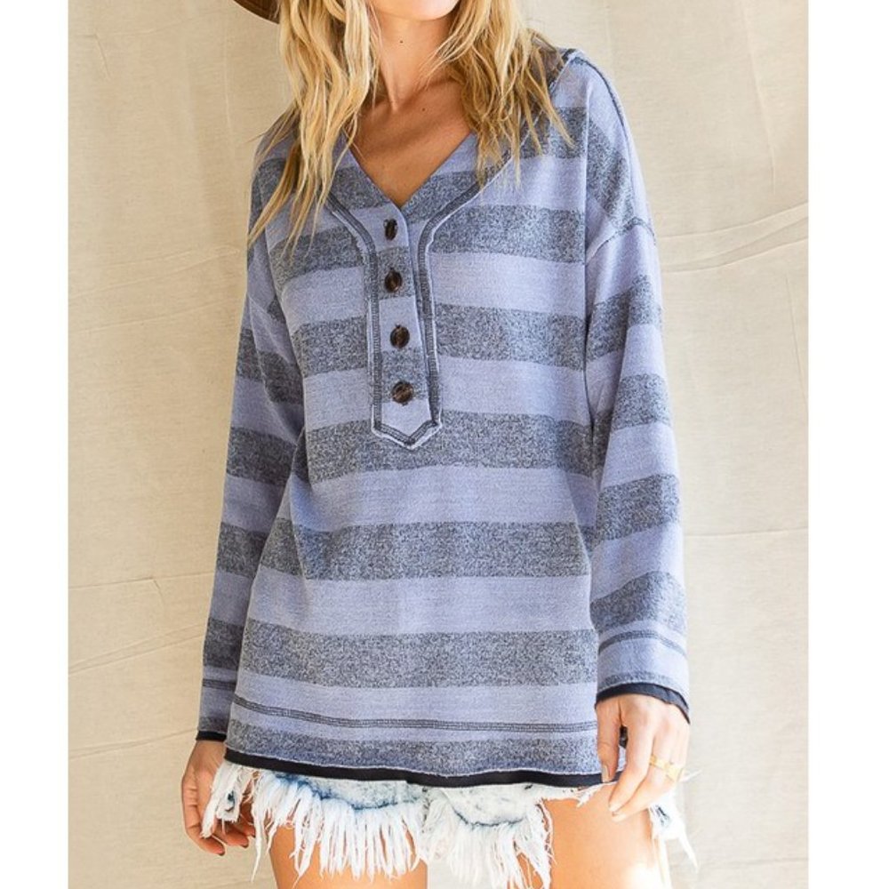 Turkish Blue Striped Button Down Henley Top - Picture 3 of 7